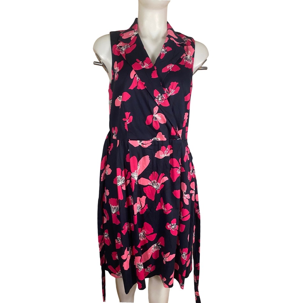 Anne Klein Navy Pink Floral Sleeveless Wrap Dress Size 10 Belted Fit Flare - Picture 3 of 9